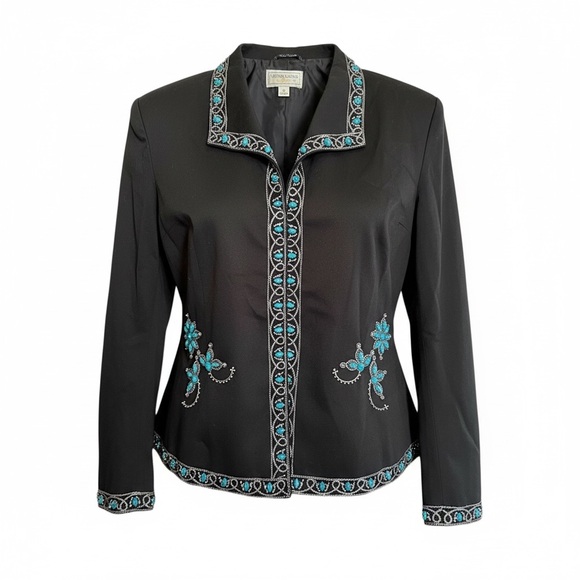 Victor Costa Occasion Black Turquoise Beaded Jacket M Western Glam Statement NWT - Picture 2 of 7